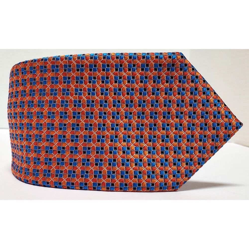 Perry Ellis Portfolio Necktie 100% Silk Geometric Orange Blue Boxes Classic Tie